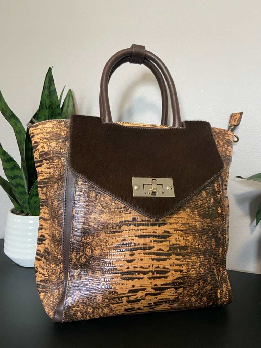 Sharif 4-in-1 Leather & Haircalf Cognac Lizard Convertible Handbag